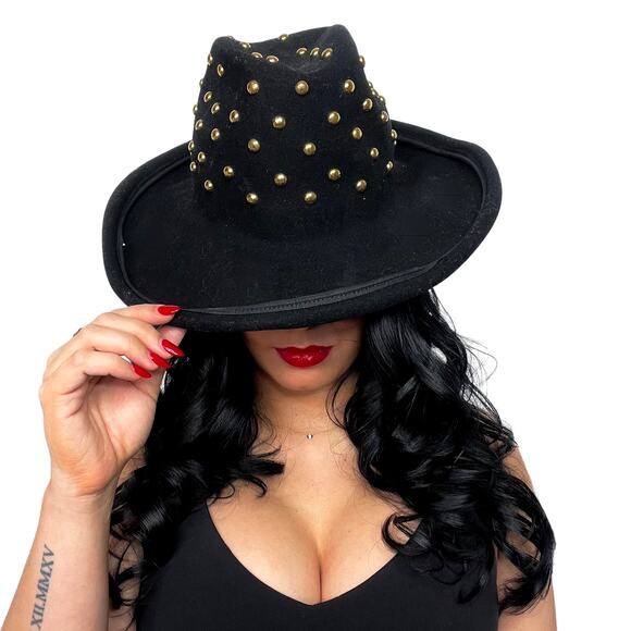 Bollman Hat Co. Mr. Charles 80s Vintage Black Felt Wool Gold Studded Fedora Hat - Picture 1 of 8